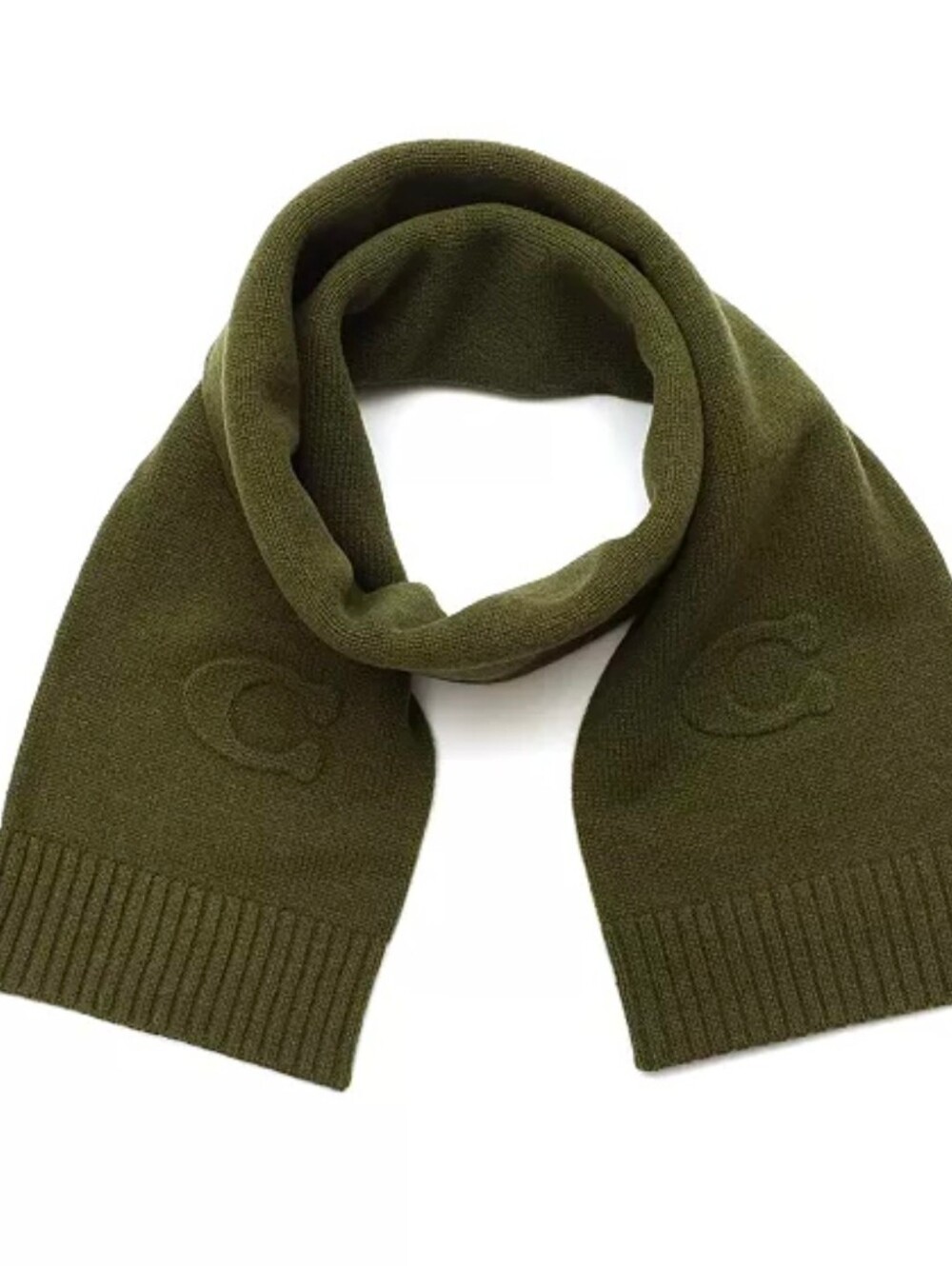 Coach Womens Green Wool Embossed Knit Muffler Scarf New